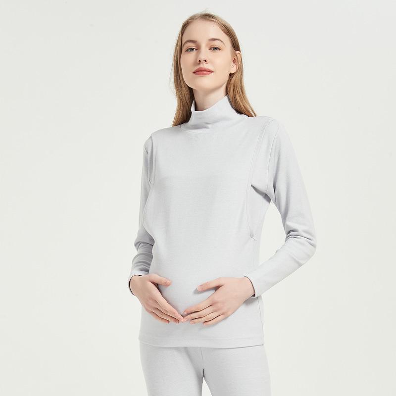 Soft Cotton High Neck Maternity Nursing Top with Horizontal Opening for Breastfeeding, Thickened for Warmth - Autumn/Winter.