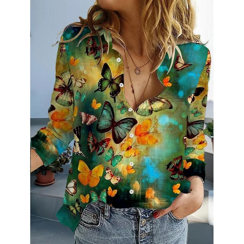 Women's Long-Sleeve Shirt with 3D Flower and Butterfly Print, Simple Tops with Lapel, Casual Clothing for Going Out