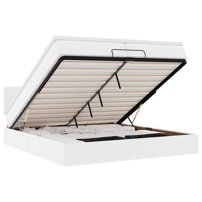 Cadre de lit avec matelas - 200x200cm - Similicuir blanc - Rangement intégré - LED ambiance