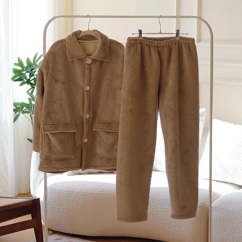 

Autumn and Winter Fleece-lined Thickened Composite Velvet Couple Solid Color Lapel Long Sleeve Thermal Pajamas Homewear Suit Women Camel [men]] L [recommend 50.00 kg-65.00 kg]]