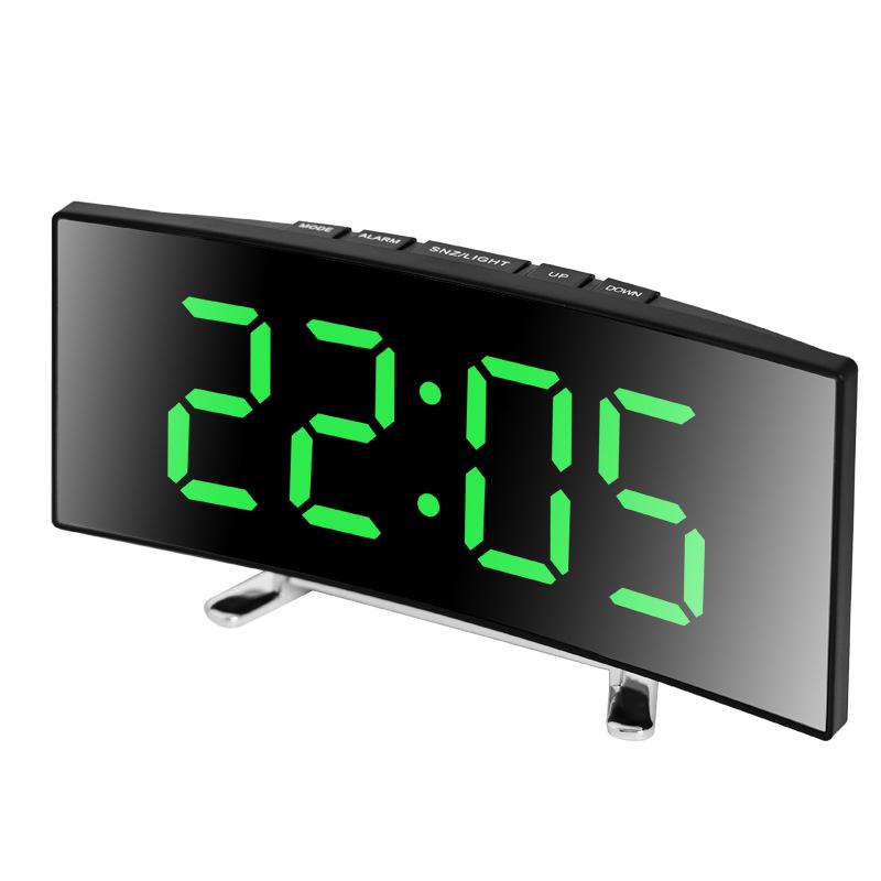 Curved Surface LED Alarm Clock: Large Mirror Display, Silent, Smart, Desktop Design for Students. зелёный