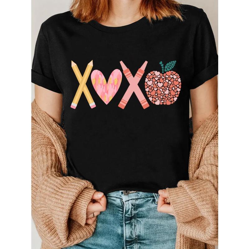 

European size XOXO Letter Print T-Shirt for Teacher s Day, Fun Valentine s Day Teacher s Day Gift, Women s Valentine s Day Shirt, Teacher s Day Gift 4XL чорний
