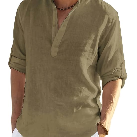 

Men Shirt Stand Collar Roll-up Long Sleeve Pullover Tops Pure Color Loose Fit Casual Shirt Travel Party Daily Wear S армія зелений колір