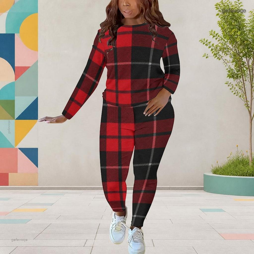 Women Plus Size Red Black Checkered Printed Round Neck Long Sleeve Two Piece Pants Set