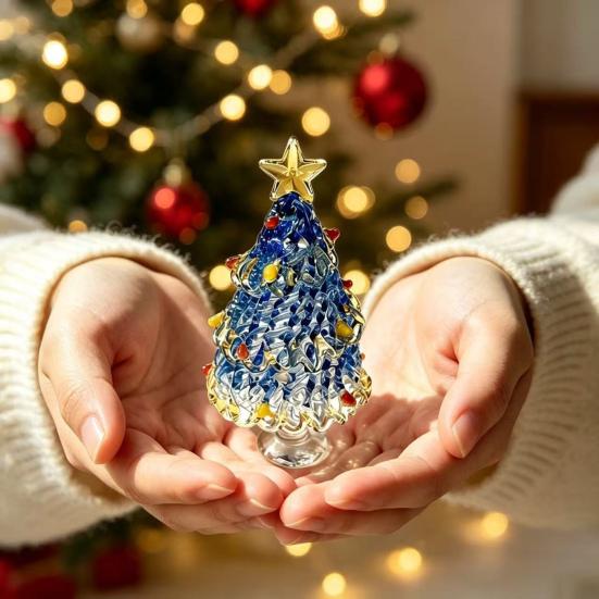 Miniature Christmas Tree Ornaments Glazed Figurine, Glass Pulled Wire Desk Decor, Unique Gifts for Friends Mini Holiday Tabletop Ornament Car