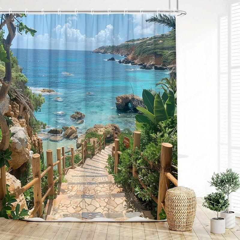 

Coastal Stone Path Shower Curtain Tropical Beach Wooden Posts Ocean View Polyester Washable with 12 Hooks for Bathroom Decor W90xH180cm