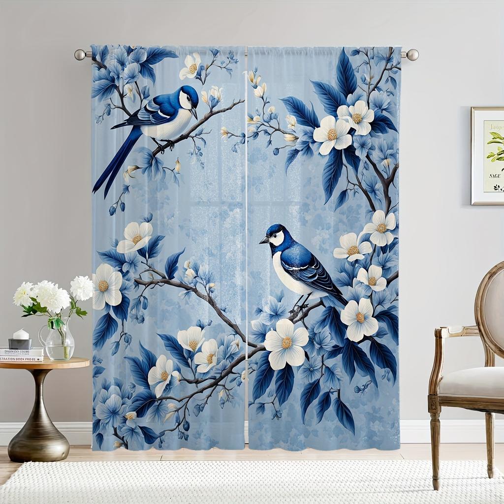 2pcs Blue & White Floral Bird Print Sheer Curtains - Rod Pocket Design, Easy Slide, Sun-Filtering, Machine Washable Polyester, P