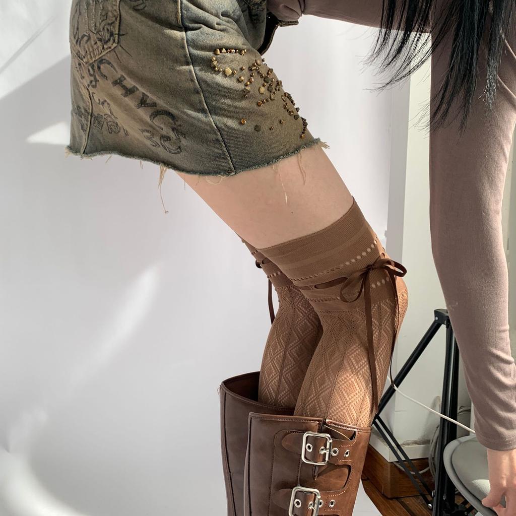Spring And Autumn Maillard Straps Ultra-Thin Hollow Rhombus Mesh Socks Women'S Knee Socks Lace Spice Girls Stockings Pile Stockings