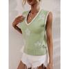 Women's printed V-neck sleeveless knitted floral pullover sweater