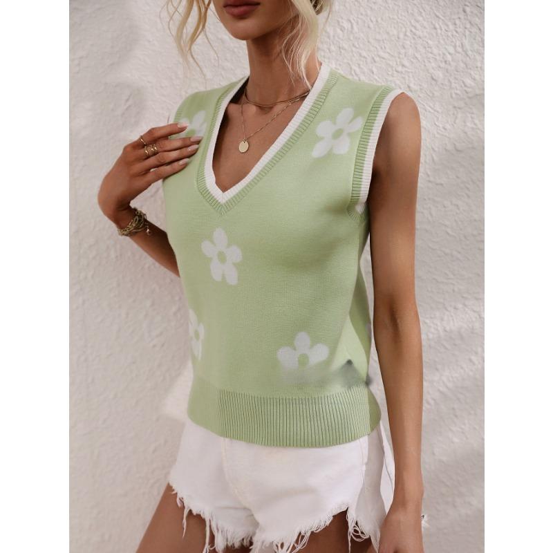 Women's printed V-neck sleeveless knitted floral pullover sweater