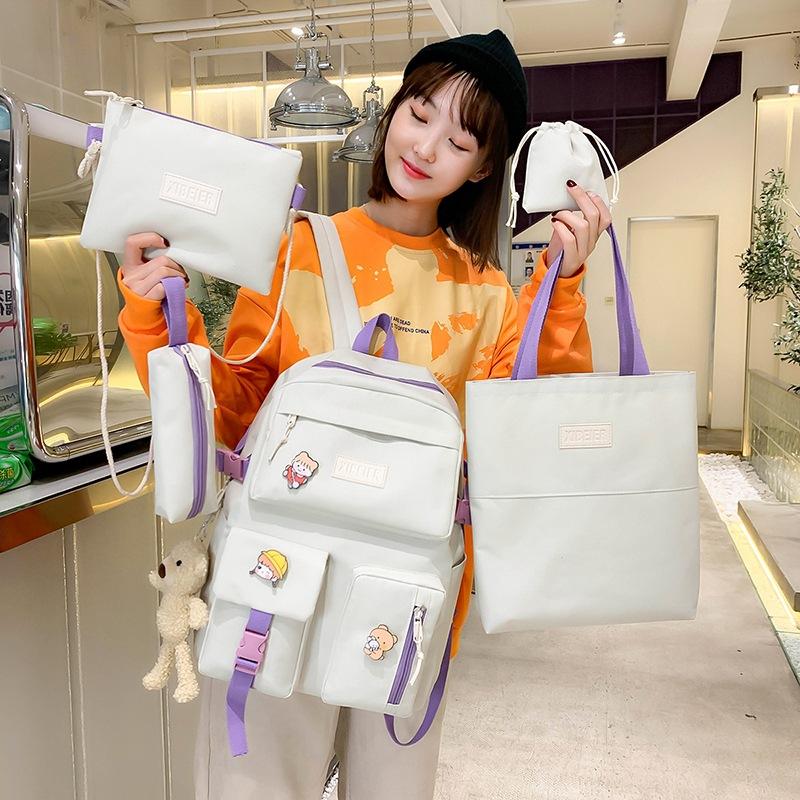School Bag Women's Canvas College Student Backpack Five-piece Set Casual Large Capacity Junior High School High School Student Backpack Fashion