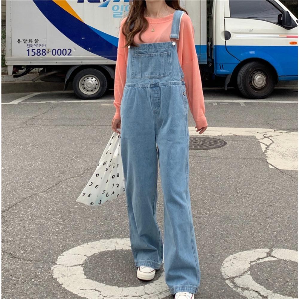 Women's Mid Rise Wide Leg Denim Overalls Loose Fit Simple Commuter Jumpsuit