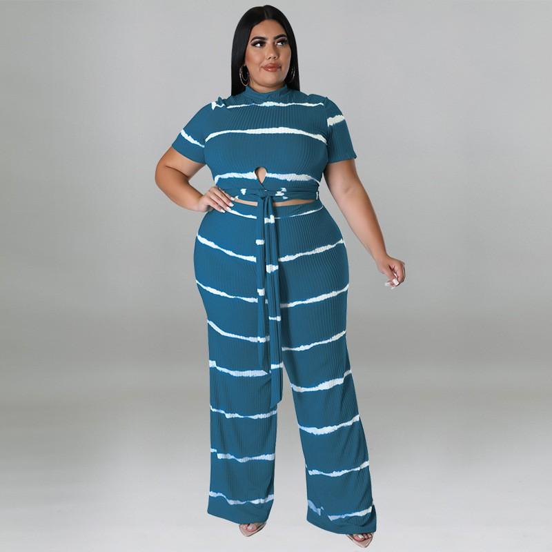 MY988 Plus Size Womens Knit 2-Piece Set With Ribbed Crew Neck Adjustable Tie Detail Casual Outfit In Multiple Colors