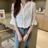 Women's Short Sleeve Lace Blouse Summer Tops Embroidery Floral White Shirt