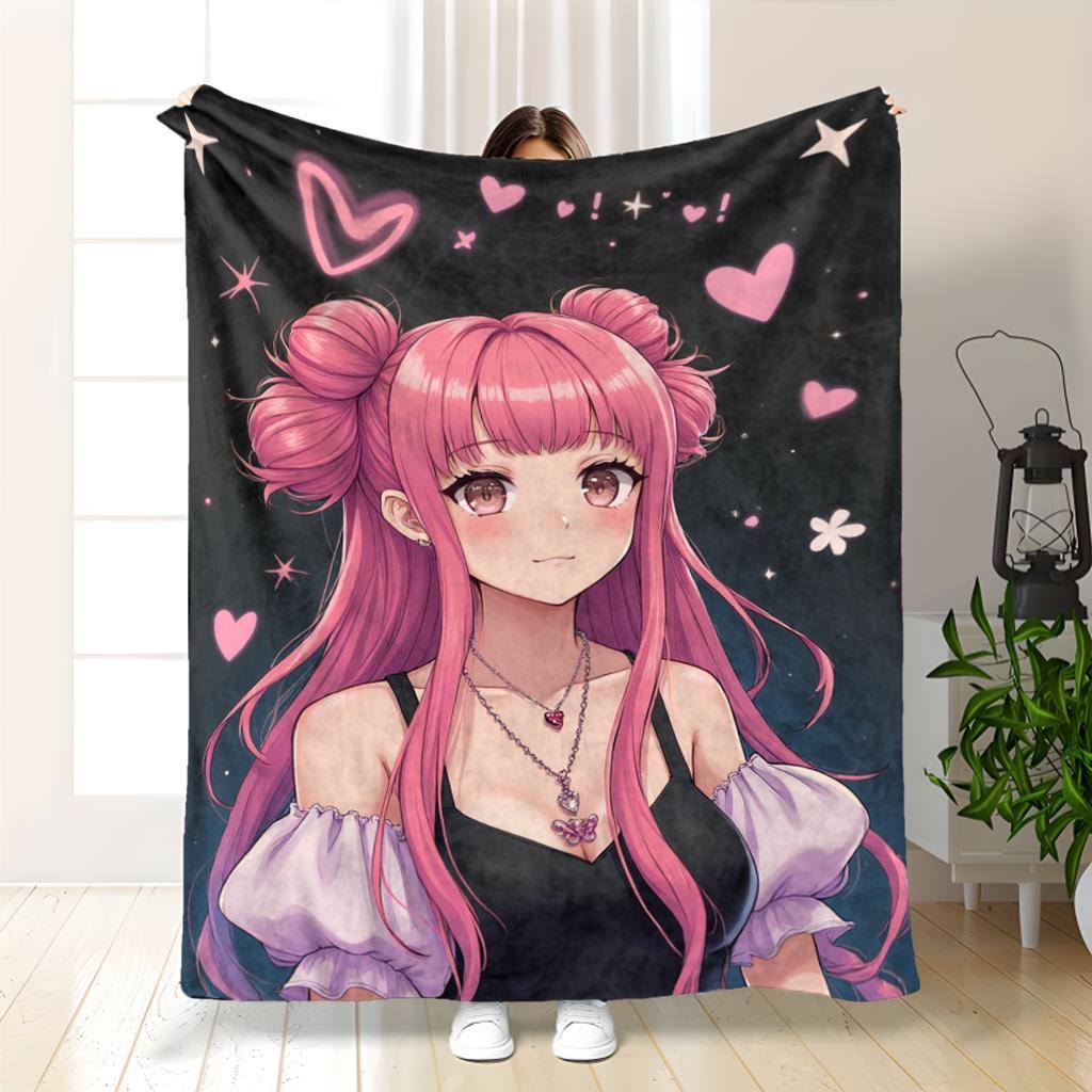 Anime Pink-Haired Girl Blanket - Soft Flannel All-Season Anime Lover Throw 70x100cm