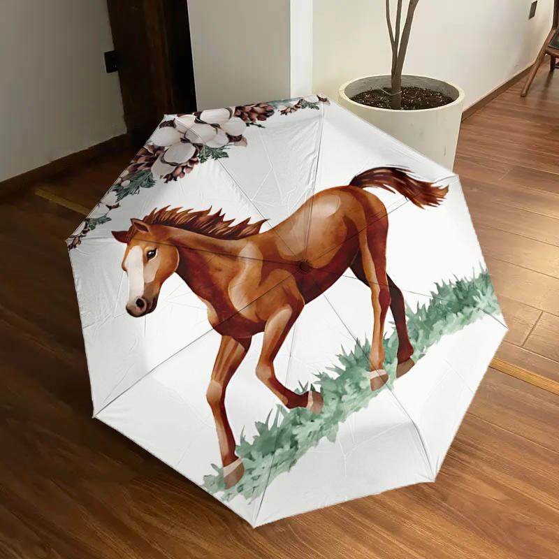 

Winter Wonderland Horse with Pinecone & Cotton Design Auto Open Close Umbrella, Portable 3-Fold Design, 8-Bone Iron Frame Outdoor Umbrella,