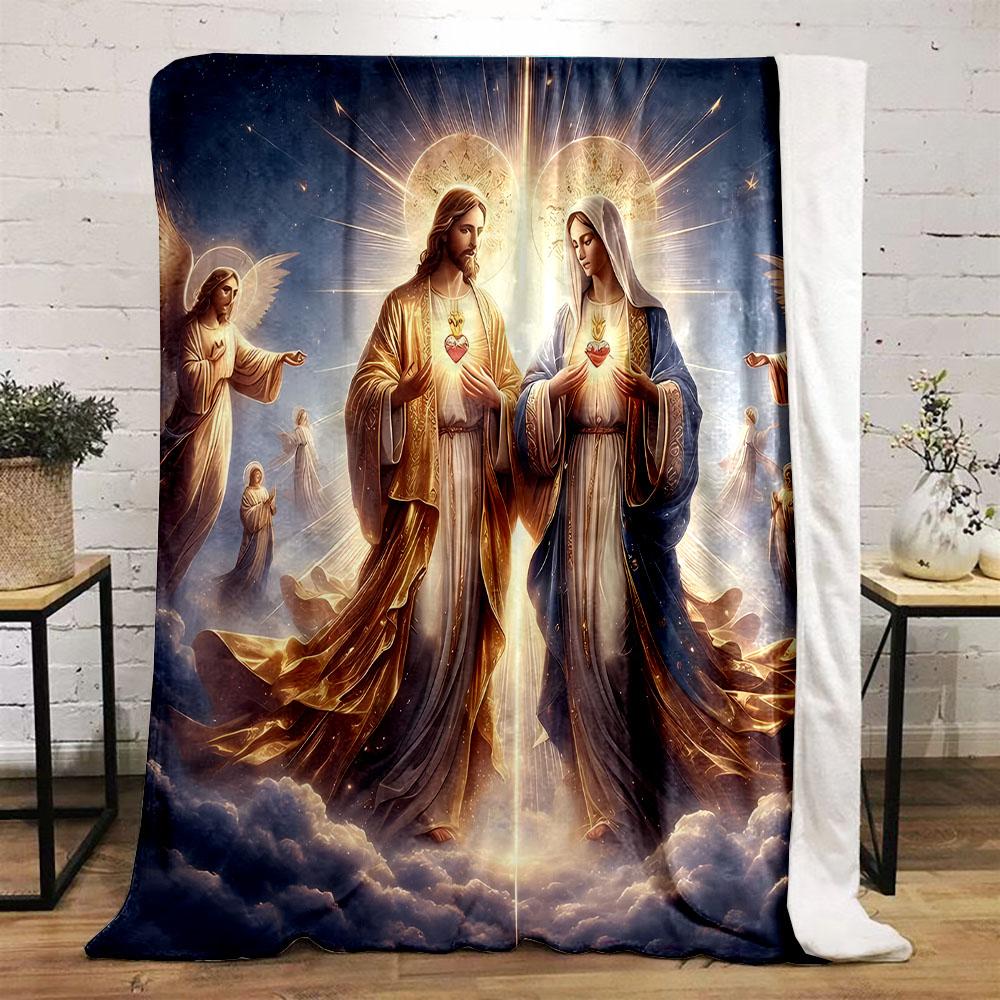 "Divine Jesus & Mary with Angels" Patterned flannel blanket perfect for the bedroom living room, sofa, or a little nap