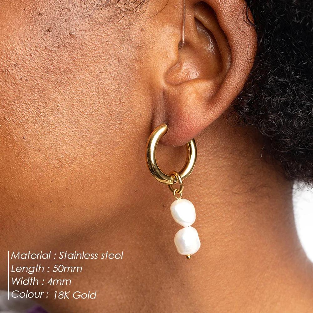 EManco Natural Hoop Earrings Stainless Steel Metallic Double Pearls Engagement Fashion Accessories Gifts