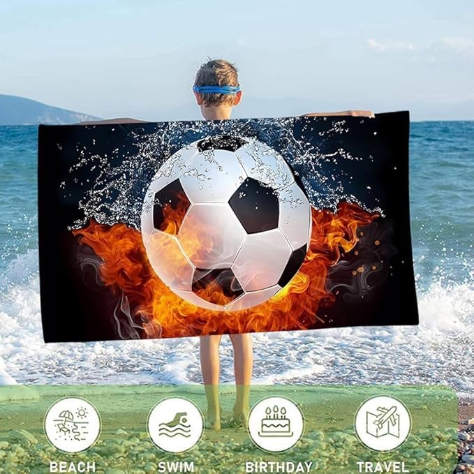 1PC Football Theme Beach Towel for Kids, Large Sports Sand Free Towel, Ideal for Soccer Fans, Bathroom & Beach Use