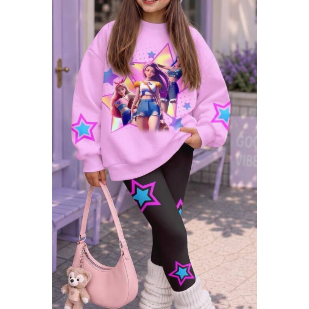Girls' Doll Princess Casual Comfortable Soft Loose Pullover Sweatshirt and Leggings 2-Piece Set, New Autumn/Winter, Playful, Sweet and Cool Style