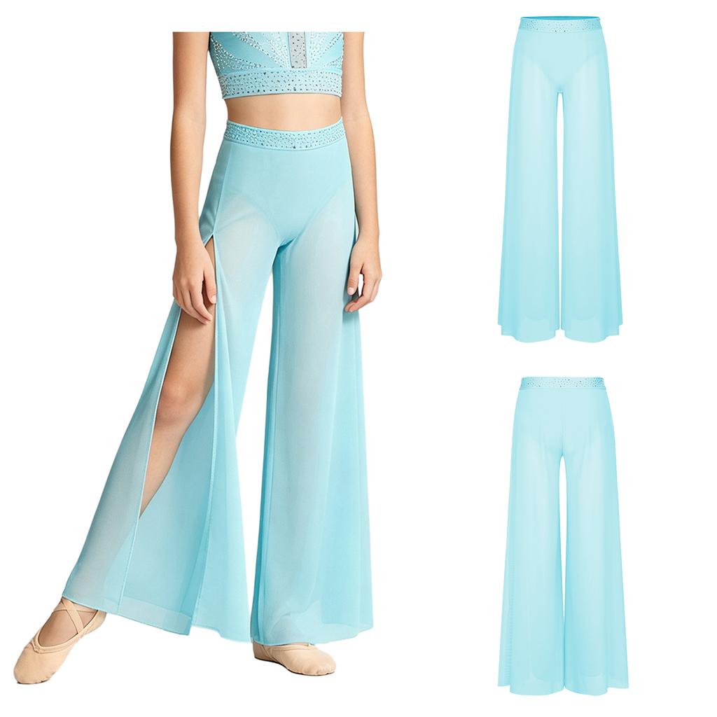 Kids Dance Competition Wear Rhinestone Waist Side Split Wide Leg Mesh Pants with Built-in Briefs for Lyrical Skating Show