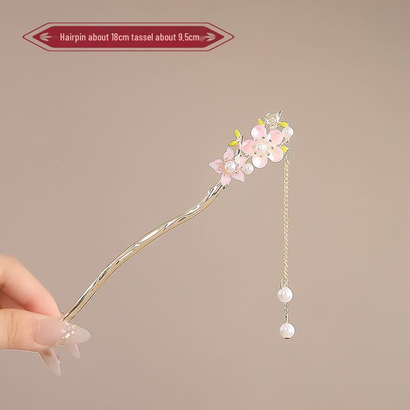 Elegant Red Rose Tassel Hairpin - U-shaped Hair Accessory for Women, Perfect for Updos and Traditional Attire.