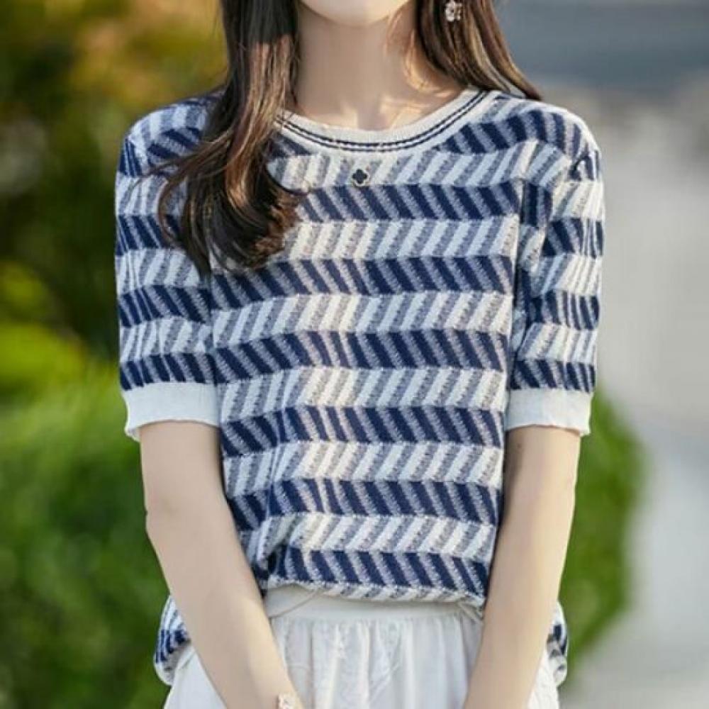 Navava Men S Zigzag Striped Round Neck Short Sleeve Knit Tee Nk3110