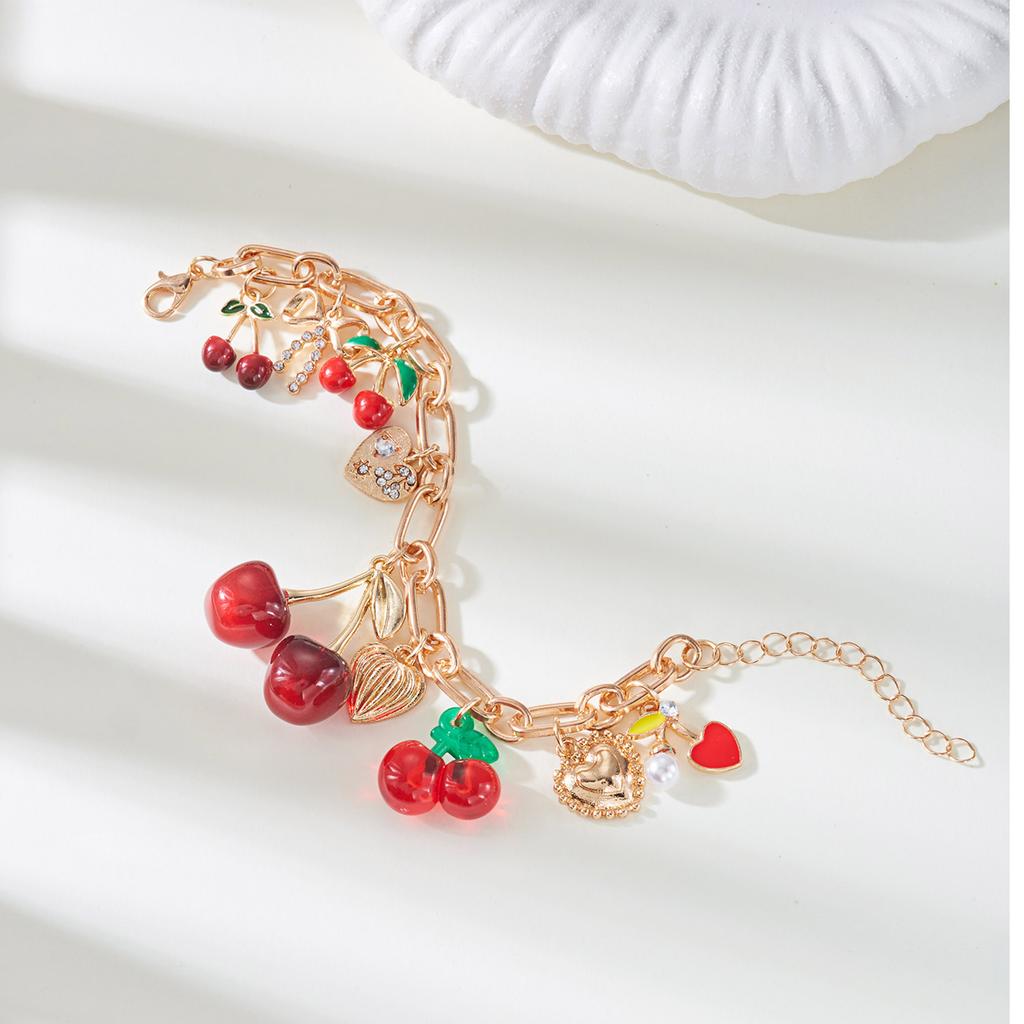 Sweet Cute Red Strawberry Cherry Bracelet for Women Girl Handmade Imitation Pearl Heart Pendant Bracelet Friendship Jewelry Gift