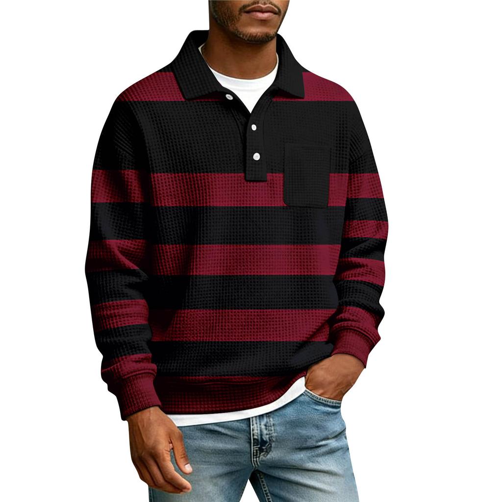 Men's Striped Single Breasted Long Sleeved Shirt With Collar And Pockets Casual Sports T-shirt