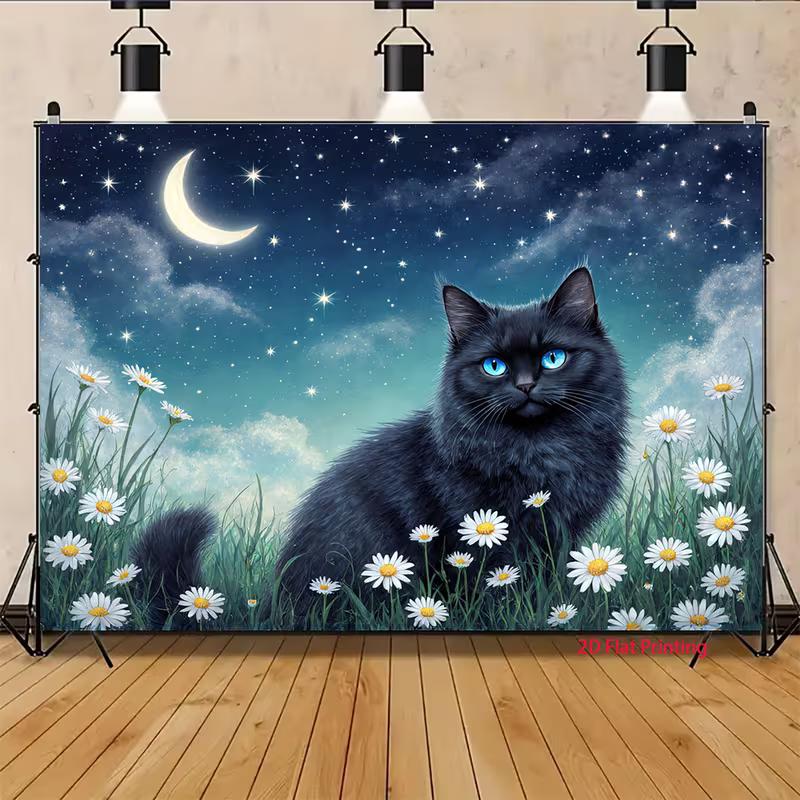 2D Magical Moonlight Cat Backdrop Cloth, Night Sky & Flower Photo Background
