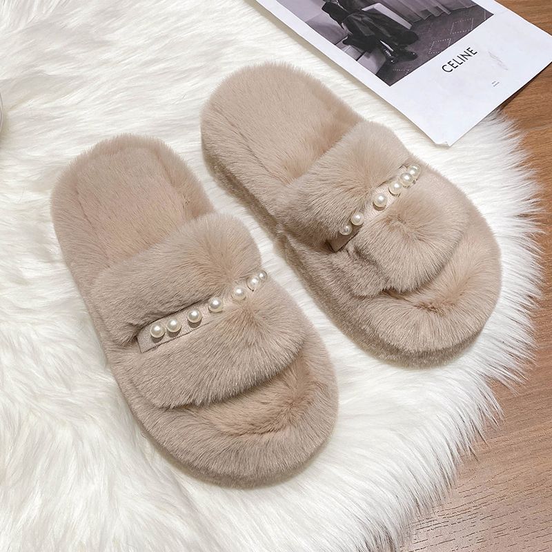Mao Mao slippers women's outer wear 2025 new Korean version ins trendy shoes autumn and winter pearl thick-soled cotton slippers spring and summer