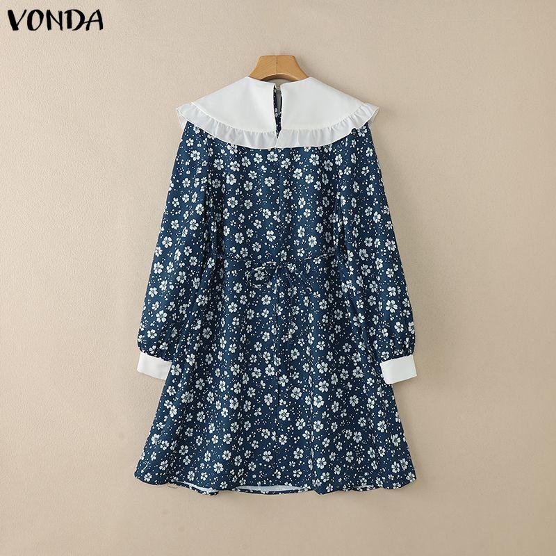 VONDA Rochie Elegantă Casual pentru Femei cu Guler Păpușă, Imprimeu Floral Patchwork, Mânecă Lungă