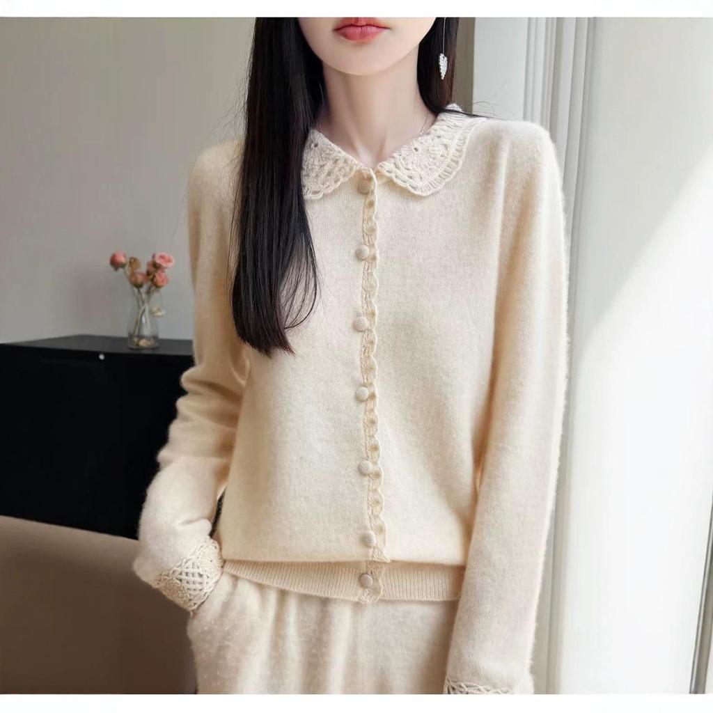 Autumn/Winter Wool Knit Polo Neck Cardigan - Women's Long Sleeve Hollow Crochet Loose Outerwear