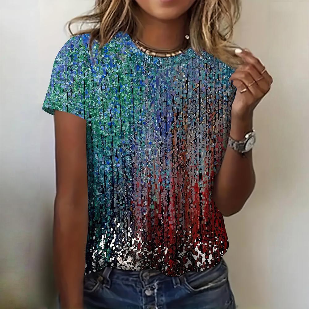 3D Farbiger Buntdruck Mode Damen Kurzarm T-Shirts Tops O Hals Lässige Luxus Damenkleidung Sommer Lose Street Tee