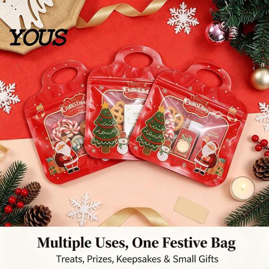 Self Sealing Holiday Treat Bags Christmas with Handles, Self-Seal Candy Cookie for Supplies Snacks Party Favors, Clear Window Snack Pouches