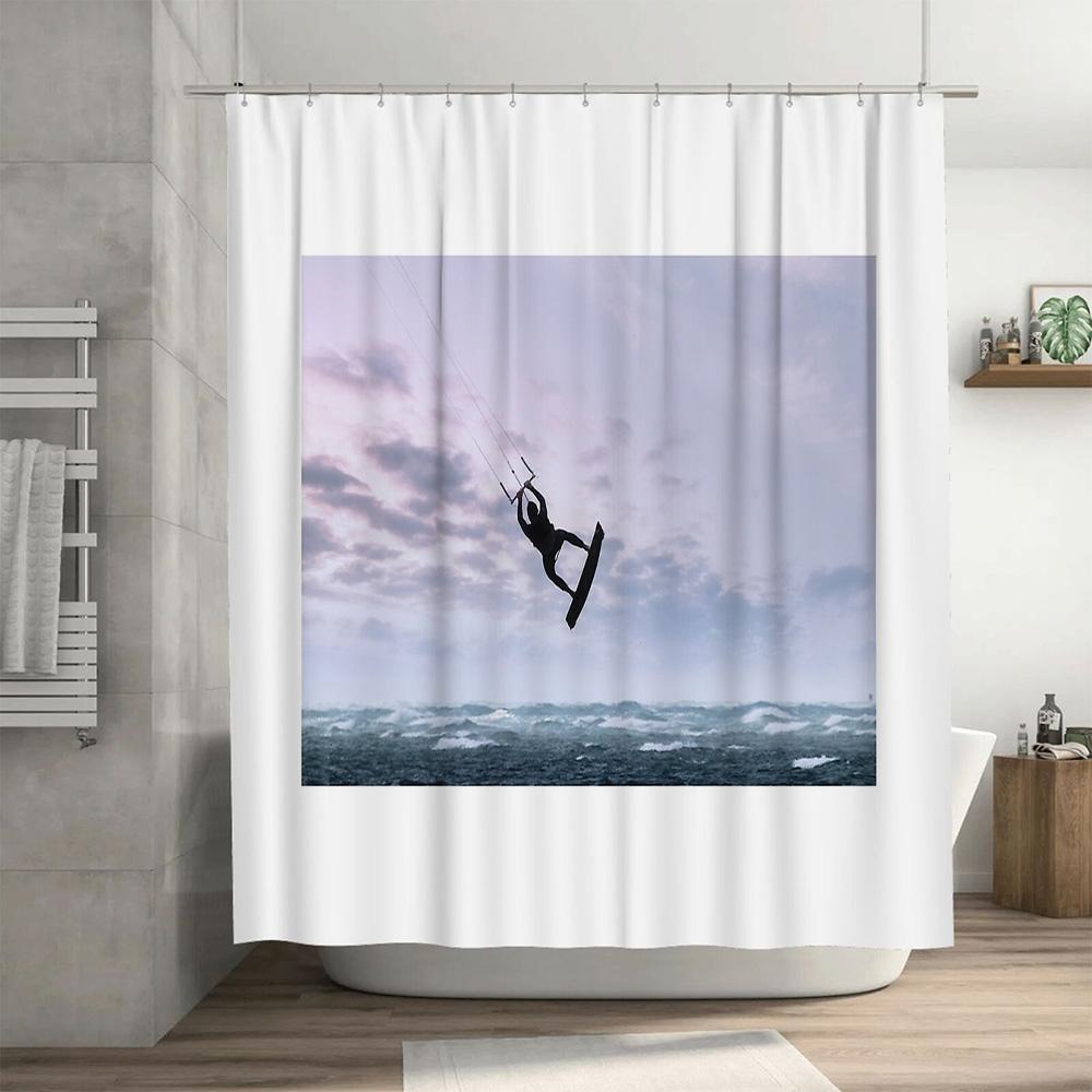 Ocean Wave Surfing Shower Curtain Beach Tropical Seascapes Home Decor Bathroom Art Coastal Vibes Modern Style Waterproof Fabric