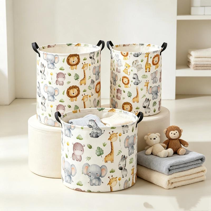 Cute Animal Pattern Laundry Hamper Foldable Waterproof Storage Basket Double Handle for Home Nursery Dirty Clothes Storage
