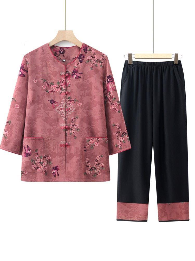 Grandma's Summer Clothing Set: Plus Size Mid-Sleeve Shirt for Middle-Aged and Elderly Women – Casual Spring Outfit for Mom