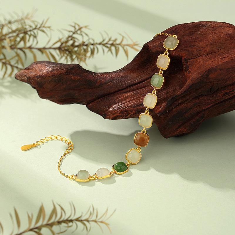 Tichiya Real Shot Hetian Jade Bracelet for Women - S925 Sterling Silver, New Chinese Style, High-End Small Square Design. 925 Silver