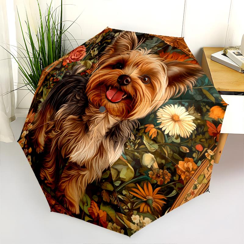 Retro Yorkshire Terrier Pattern, Automatic Folding Umbrella, Portable and Foldable Design, 8 Ribs, a Christmas or Birthday Gift.