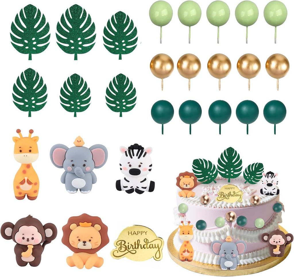 27PCS Wild Animal Cake Decorations 3D Ornaments Clam Leaf Ball Cake Decorations Birthday Cake Wild Theme Birthday Decorations