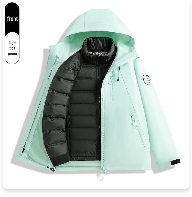 Men's and Women's Custom Outdoor Two-Piece Jacket Set: Three-in-One Shell with 90% Duck Down Lining and Print Logo.