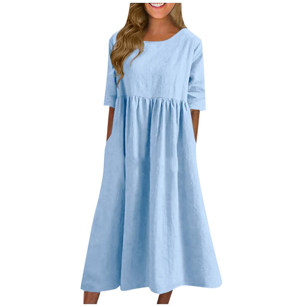 Women's Summer Solid Color Round Neck Half Sleeve  Casual Long Solid Color Dress