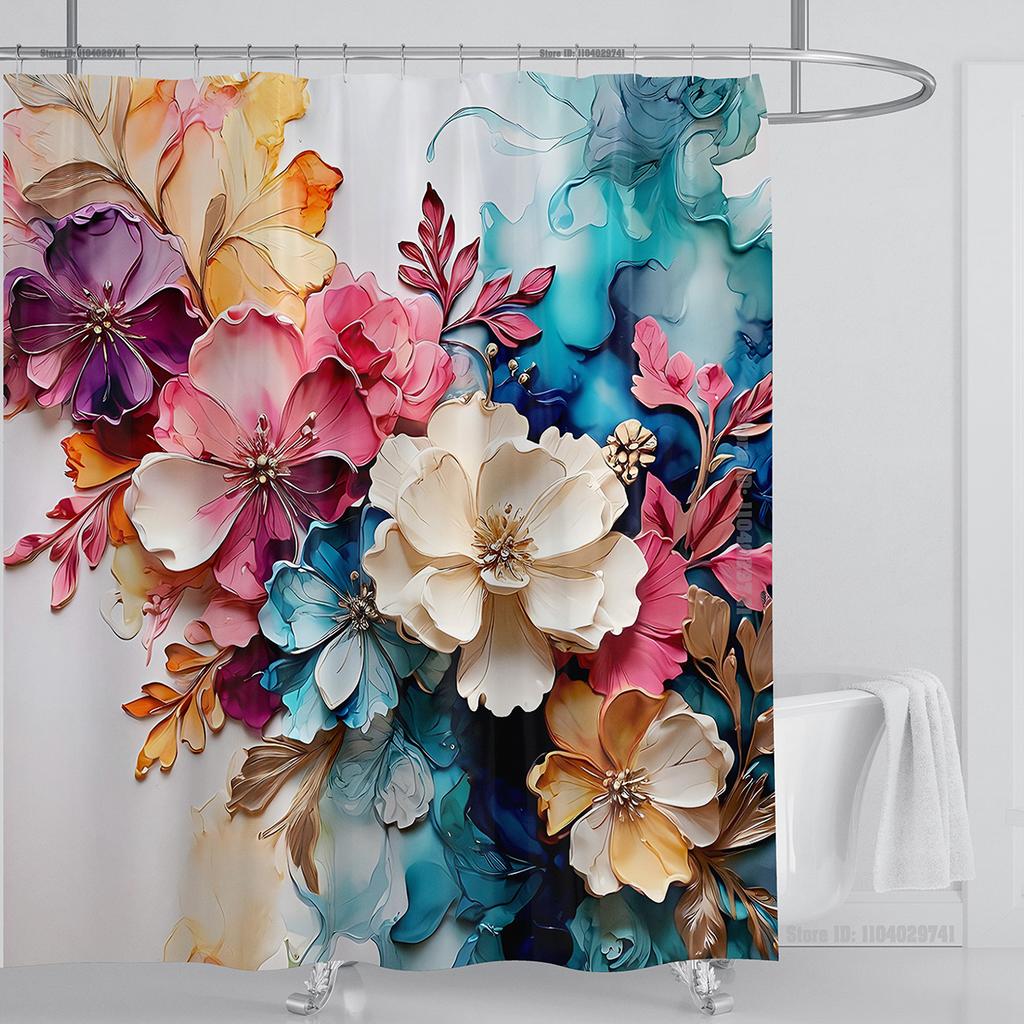 3D Flower Shower Curtain Set Colorful Printing Design Fabric Bathroom Decoration Waterproof Washable Shower Curtain With Hooks