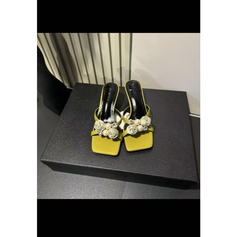 Flower High Heels Slippers Women Sandals Beaded Square Toe Shoes Summer Dress 2025 Sexy Elegant Open Toe Pumps Slides Sandalias