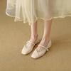 Square Head Low Heel Mary Jane Shoes New Pleated Word with Light Mouth Commuting Single Shoes Pearl High Heels Children