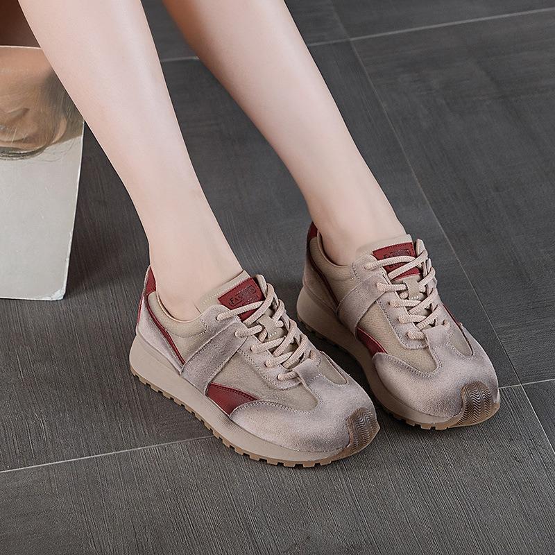 Autumn new retro leather color matching thick bottom women's leisure sports women's fashion leisure
