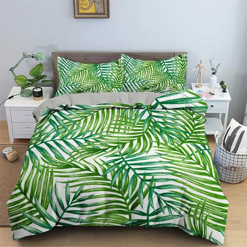 Tropical Plant Bedding Set Green Leaves Duvet Cover with Zipper Closure Comforter Cover Queen King Full Polyester Quilt Cover