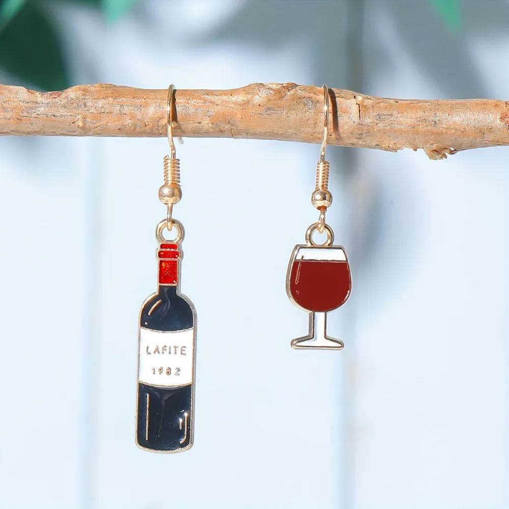 Orecchini Pendenti Asimmetrici Creativi Carini Simulazione Mini Bottiglia di Vino Rosso Bicchiere Highball per Donne Accessorio Gioiello Personalità