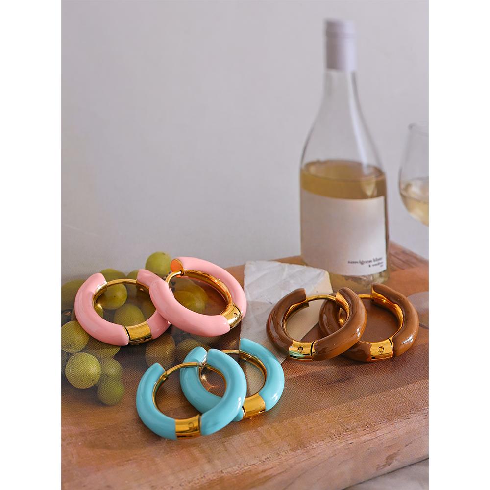 Eetit 20mm Candy Color Blue Pink Brown Enamel Stainless Steel Hollow Hoop Earrings Golden Simple Trendy Y2K Sweet Jewelry Gift